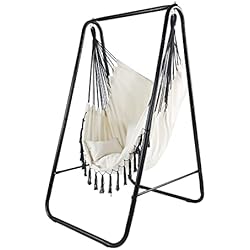 Hamaca Para Niñas CCLIFE Silla Hamaca Colgante con Soporte, Columpio con Conjines, Carga Máxima 100 kg, para Interior y Exterior Beige