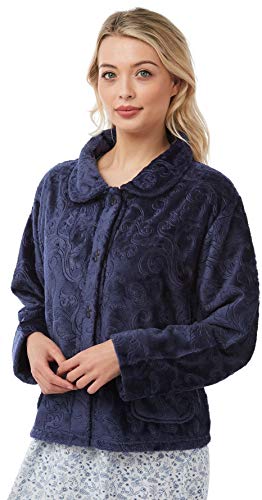 Photo de Lady Olga Vêtement de nuit en polaire gaufré doux disponible en 3 styles (peignoir avec fermeture éclair, peignoir avec boutons ou veste de nuit) - Bleu - 44