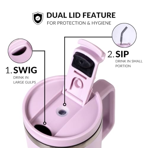Image of Nestasia GripSip40 Tumbler with Straw & Side Handle 1.2L | Insulated Stainless Steel Sipper Water Bottle for Adults with Dual Flip Opening Sip-Swig Leakproof Lid for Office & Gym (Lilac Haze)
