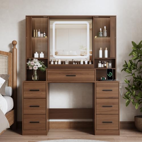 Image of BORNOON Vanity Desk with Mirror and Lights, Makeup Vanity with 7 Drawers, 2 Glass Door Cabinets, Charging Station, Adjustable Shelves, RGB Lighting, Holder
