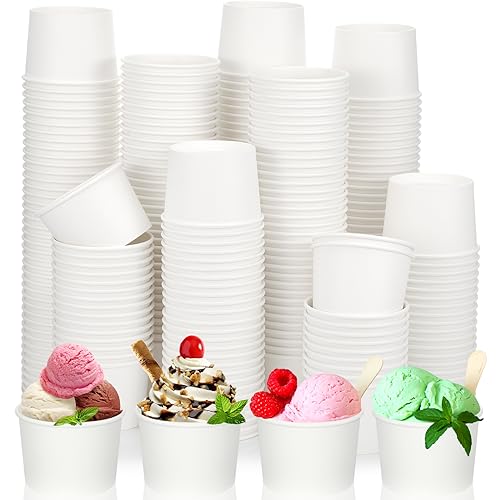 Image of Nuenen 300 Pcs 8 oz Summer Ice Cream Paper Cups Bulk Disposable Dessert Cups Solid Color Paper Dessert Bowls for Snack Sundae Spring Party Favors Ice Cream Bar Supplies (White)