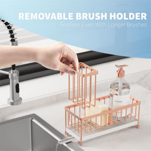 Image of Cisily Sponge Holder for Kitchen Sink, Sink Caddy Organizer with High Brush Holder, Kitchen Countertop Organizers and Storage Essentials, Rustproof 304 Stainless Steel (Rose Gold, 9.25″)
