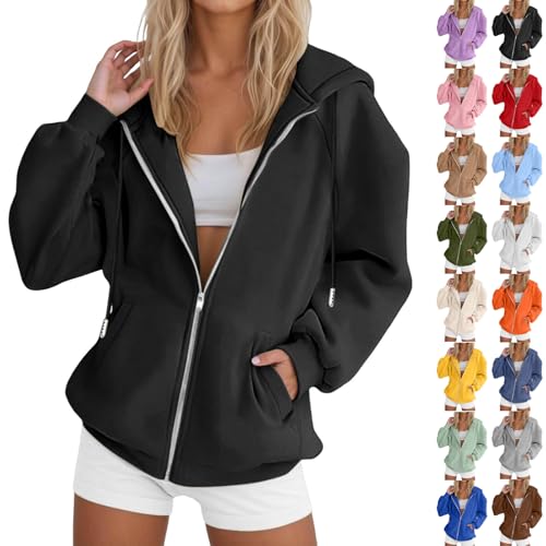 UXSELKCD Hoodie Damen Kapuzenpullover Frauen Baumwolle Long Loose Fit Freizeit Sport Reißverschluss Jacke (b-Black, XL)