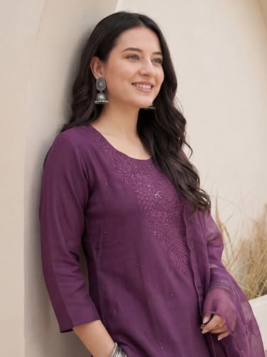 Image of INDO ERA Women's Silk Blend Floral Embroidered Thread Work Kurta & Pant with Dupatta Set