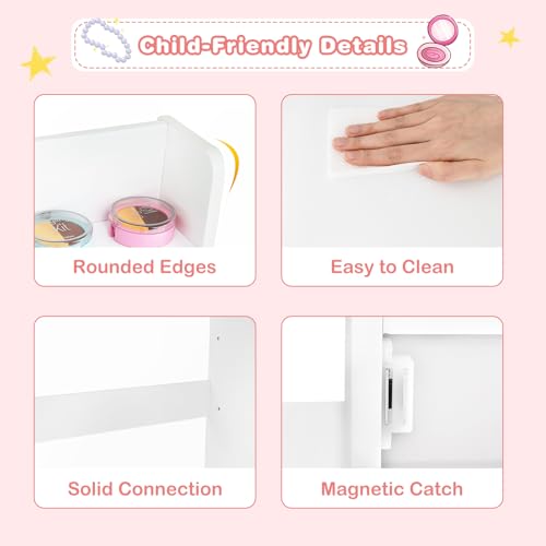 Image of INFANS Kids Vanity with Lights, Princess Makeup Desk with Mirror Storage Shelves, Toddler Table and Chair Set Pretend Play for Girls Aged 4-9