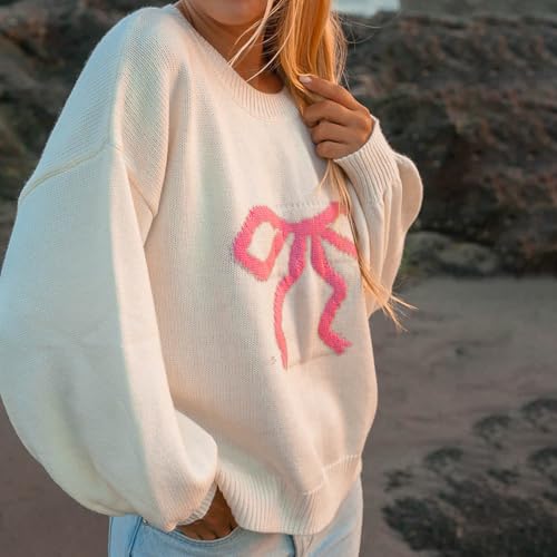 Image of Women Y2K Fall Sweater Cute Bow Print Long Sleeve Cable Knit Pullover Casual Oversized Jumpers for Women