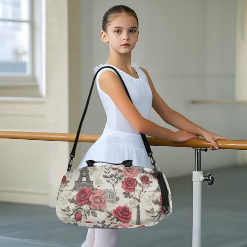 Duffle Bag for Boys or Girls with Shoes Compartment, Eiffel Tower Rose Line Sports Travel Bag Overnight3