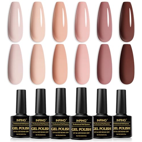 INPING Esmaltes Semipermanentes de Uñas en Gel UV LED, 6 Color Desnudo Calvo Natural Albaricoque Beige Marrón Oscuro Querido Gel Pintauñas Semipermanente UV LED Uñas Diy Manicura Nail Art Set, 8 ML