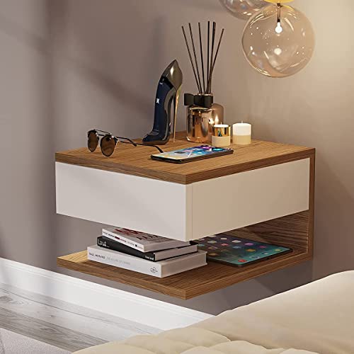 Mesa de Cabeceira Suspensa Decor - Freijó/Off White - Mania de Móveis