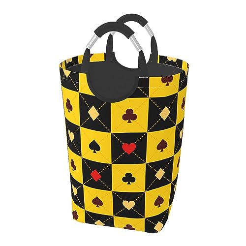 黄黒の盤菱形の四角のカード ット ハンドル付き 洗濯かご おもちゃ 収納オーガナイザー 折りたたみ式バケツ 洗濯箱 汚れた衣類バッグ 自宅 バスルーム 寝室 寮用