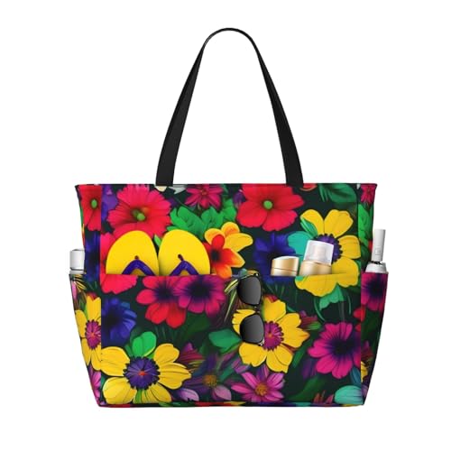 Large Capacity Beach Bag Waterproof Pool Tote for Gym Swimming Camping Carry On Bag Rainbow Flowers pattern Print