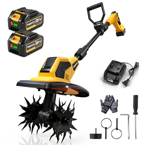 MELLWIN Motoculteur électrique avec 2 Batteries 4000 mAh 21 V, sans balais, motoculteur Rotatif 360 TR/Min avec Fraises en Acier,motobineuse Electrique Largeur de Travail 24 cm et Profondeur 17 cm