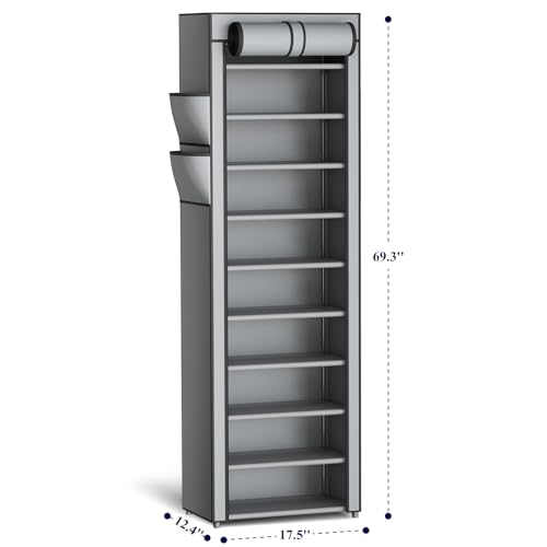 Image of Kitsure Shoe Rack - 10-Tier Large Capacity Shoe Organizer Shelf with Dust Cover & Side Pockets, Rust-Proof Metal Shoe Rack for Closet, Entrance, Living Room, 17.5 inch x 12.4 inch x 69.3 inch, Grey