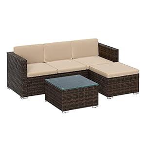 SONGMICS Balkonmeubels, tuinmeubelset, van PE-polyrotan, loungeset met kussen en glazen tafel, terrasmeubels, hoekbank, outdoor, voor terras, balkon, tuin