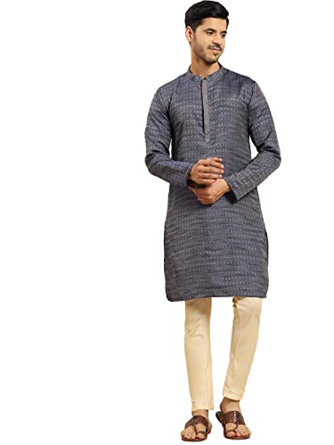 Image of Men's Black Art Silk Regular Fit Ethnic Motifs Kurta | Indian Kurta | Festive Ethnic Kurta with Embroidered Packet