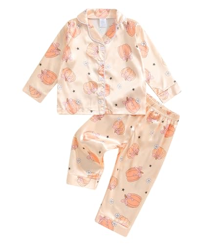 Qiylii Toddler Girls Silk Halloween Pajamas Pumpkin Print Long Sleeve Fall Pjs Button-Up Satin Pajamas Halloween Nightgown