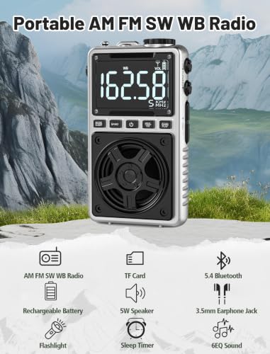 Image of Bluetooth AM FM Shortwave Radio with NOAA Weather Alert,1250mAh Rechargeable Portable Pocket Radio with Best Reception 5W Big Speaker Digital Tuner and Earphone,Support SD Card and USB Player Silver