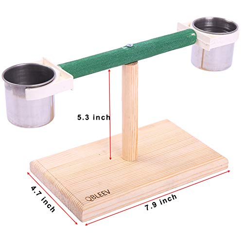 Image of QBLEEV Bird Play T-Stands Tabletop Perch, Wooden Parrot Playstand with Cups | Portable training playground, sturdy cage stand toys for small cockatiels, conures, parakeets, finch, easy assembly