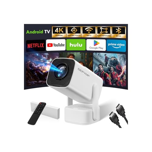 Videoprojecteur Portable,SEPYMP 2025 Upgrade Mini Projecteur, 4K Ultra HD 1080P, Android 13 Integré, WiFi 6 Bluetooth 5.2, Base de Son Intégrée, Compatible TV Box/PS5/PC