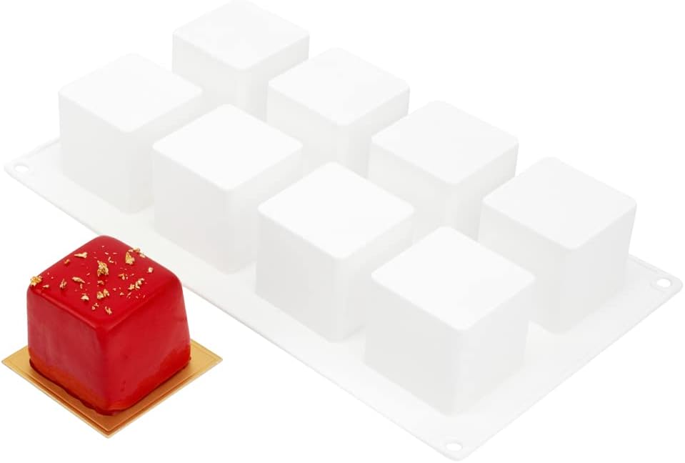 Pastry Tek 8 Cavities Square Cupcake Pan, 1 Oven-Ready Square Mold - Flexible, Freezable, White Silicone Petit Four Mold, Easy Release, For Baking - Restaurantware