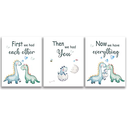 Image of SUUURA-OO Cute Baby Dinosaur Watercolor Art Print poster, Set of 3 (8”X10”) Balloon Dinosaur Family Love Quote Wall Art Poster, Living Room Bedroom Home Decor Nursery Art Printing,Unframed (boy)
