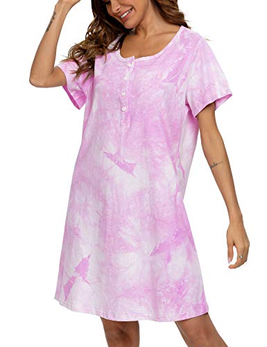 Image of ENJOYNIGHT Womens Short Sleeve Nightgown Tie Dye Nightshirt Nursing Sleepshirts Breastfeeding Sleep Dress