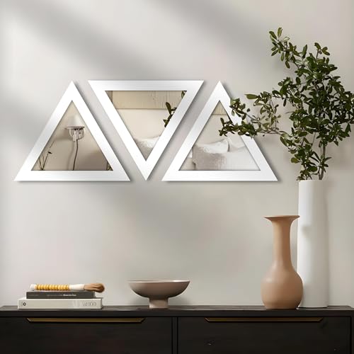 Image of Art Street White Triangle Decorative Wall Mirror Set of 3 Triangle Shape Mirror for Home Decoration, Size-10x10 Inch