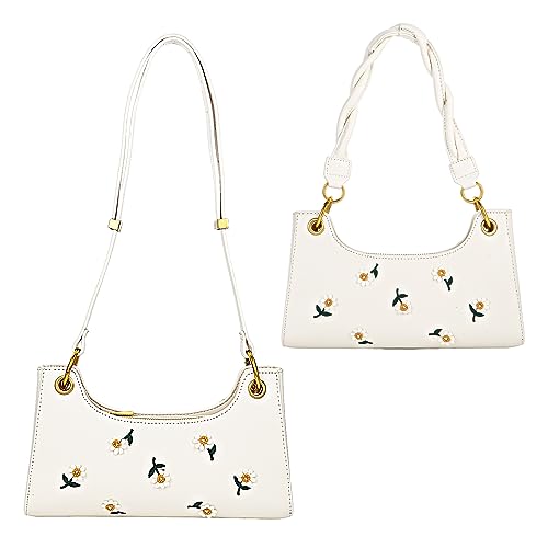 White Daisy Embroidery Underarm Crossbody Shoulder Bag with 2 Removable Straps