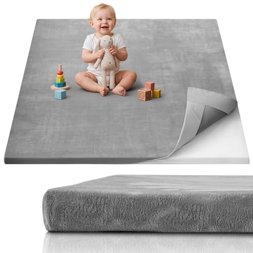 Image of Blissful Diary 1.3" Thick Baby Play Mat, 50x50 Playpen Mat with Removable & Washable Cover, Ultra Soft Crawling Rug for Floor, Foam Cushion & Non-Slip Backing for Kid, Toddlers and Infants, Light Grey