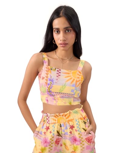 Image of The Souled Store Tropical Summer Women and Girls Sleeveless Square Neck Multicolor All Over Printed Viscose Blend Bralette Top