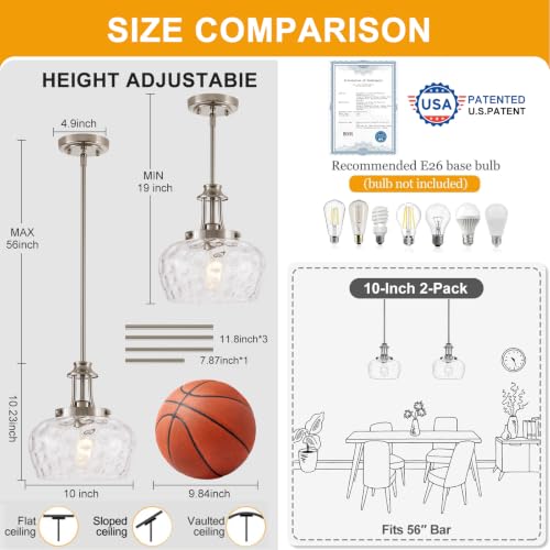 Image of Modern Pendant Lights Kitchen Island, Brushed Nickel Pendant Light Fixtures with 10 inch Clear Hammered Glass Shade, Industrial Hanging Pendant Lights Fixture for Kitchen Island Dining Room Bedroom Foyer