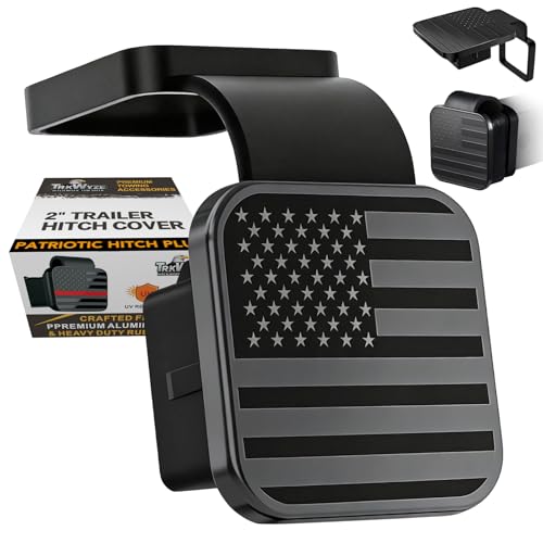 TrkWyze 2 Hitch Cover with Retention Ring CAR-WASH-Safe Aluminum Flag Emblem UV-Resistant Rubber Body Formulated to Prevent Cracking in Summer Patriotic Hitch Plug (Black)