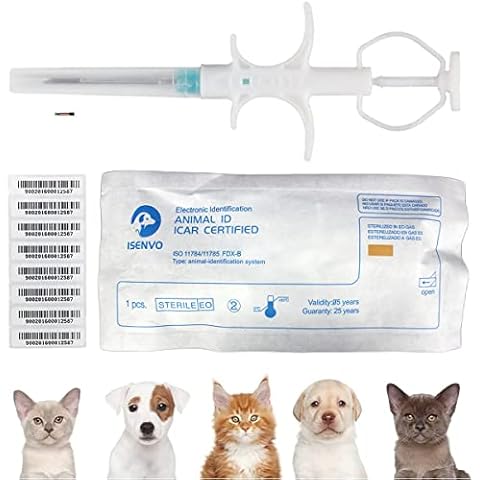 10 Packs, 1.4x8mm ISENVO Pet Microchips 134.2khz Registration Animal Implant Chip FDX-B Pet ID Microchip for Pet Dog Cat Cow Pig Rabbit Pigeon Fish Cover