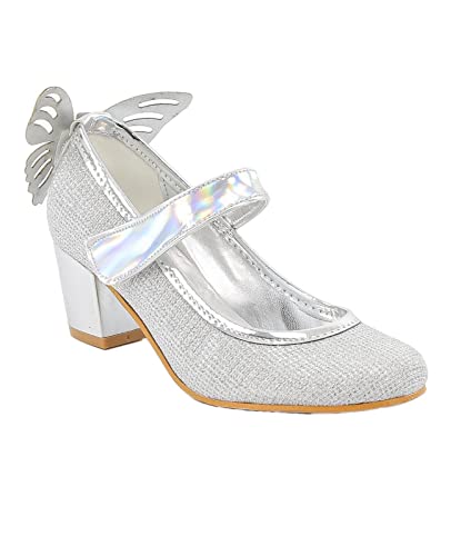 Girls Low Block Heel Pump Ankle Strap Dress Shoes Bridemaids Wedding Formal Sparkly Footwear