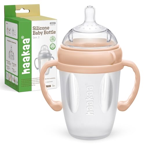 haakaa Gen. 3 Silicone Baby Bottle 250ml /8.4oz – Baby Bottles for Babies 6M+, BPA-Free Breastfeeding Baby Bottle with Natural Latch, Variable Flow Anti-Colic Silicone Baby Bottle– Peach