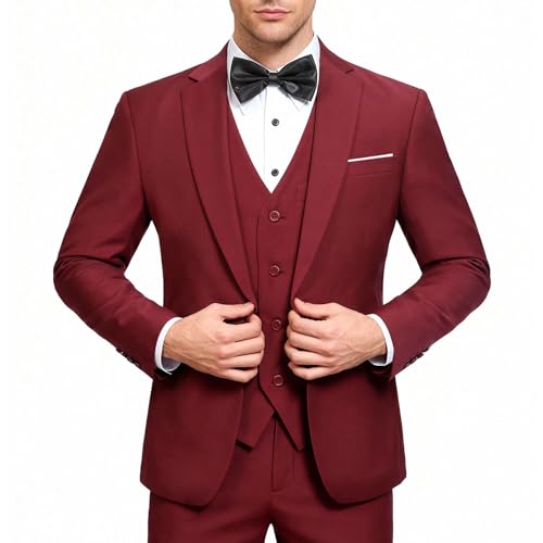 Men's Slim Fit Peak Lapel Suit Blazer Jacket Tux Vest & Trousers 3-piece Suit Set,Red Wine,EU S/...