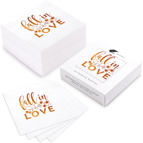 WRAPAHOLIC 50Pcs Fall in Love Bridal Shower Napkins 3 Ply Foil Fall in Love Disposable Paper Luncheon Napkin for Engagement Wedding Party Supplies Tableware 65 x 65 In