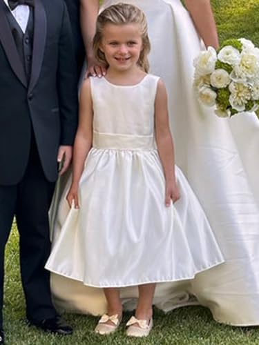 V-Back Sleeveless Glossy Satin Flower Girl Dress O-Neck Summer Wedding Party Midi Dresses with Big Bow-Knot2