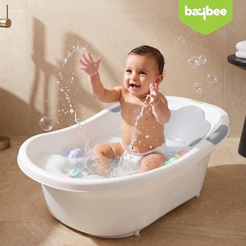 Image of Baybee Comfort Baby Bath Tub for 0 to 5 Years | Baby Bather & Bathtub with Anti-Slip Base & Quick Drains | Bath Tub for Kids with Soft Headrest & Compact Storage for Boys & Girls (White)