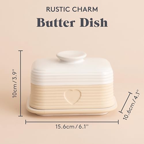 Mason Cash Rustic Charm Butter Dish Stoneware Dish with Debossed Heart Motif Elegant Matt & Gloss Finish Fits Up to 500g of Butter Durable & Dishwasher Safe - Image 3