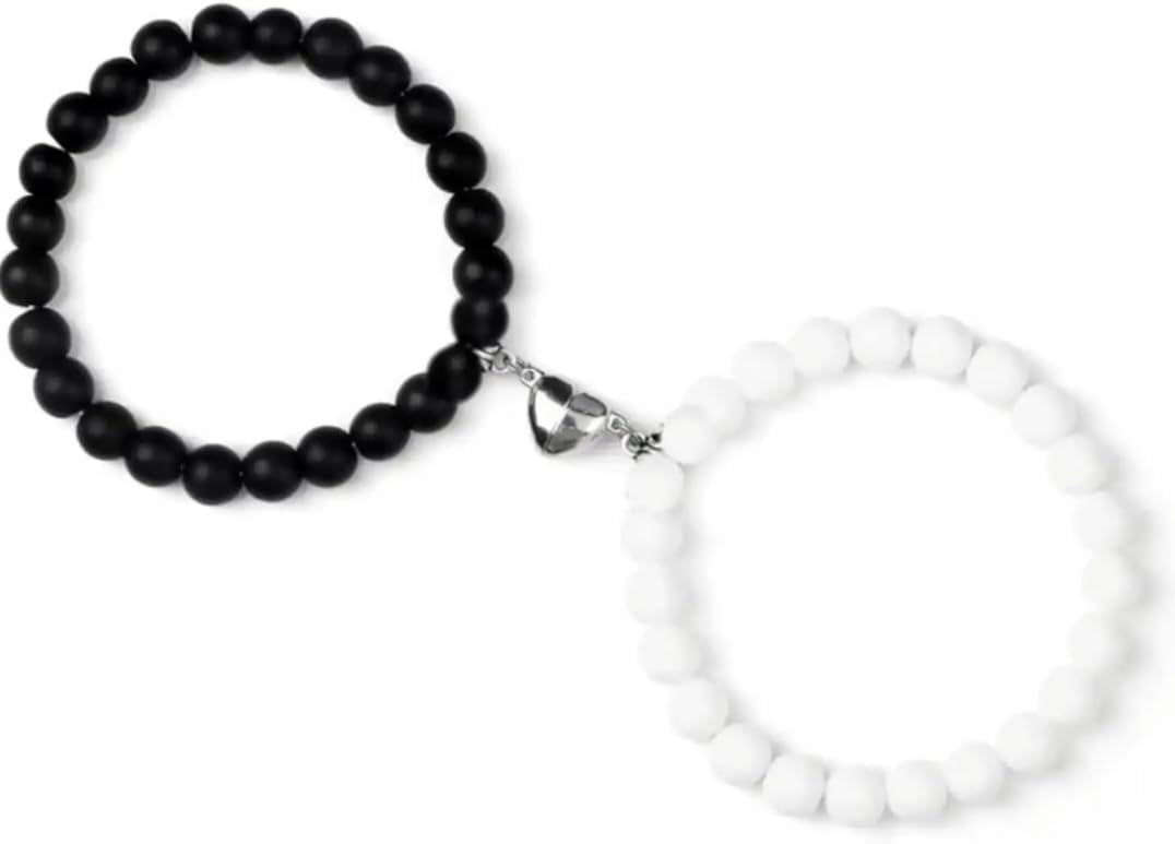 Black White Magnetic Heart Couple Bracelet Set for Men & Women | Matching Distance Beaded Elastic Wrist Band | Friendship Love Gift for Couples