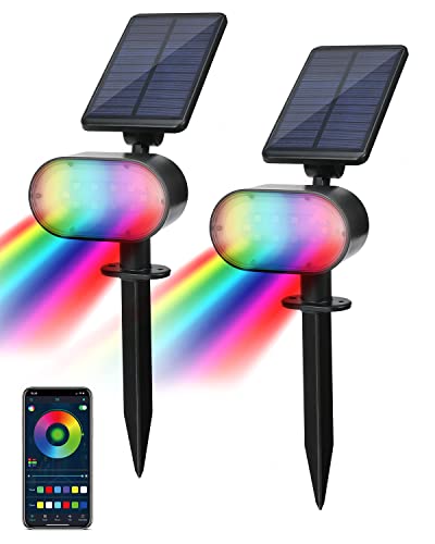 BLOOMWIN Spot Solaire Extérieur Jardin Multicolore - Lot de 2 Bluetooth APP Contrôle, Projecteur Lampe Solaire Extérieure Étanche, Éclairage Pelouse Arbres Changement de Couleur Fonctions Multiples