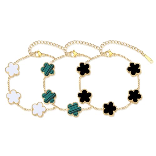 ZhouWei 3 Piezas Pulsera de Trébol de la Suerte, Pulseras Chapado Oro Acero Inoxidable Ajustable Joyas de Trébol de Cuatro Hojas, para Día de San Valentín Madre Navidad Regalo (Verde Bianco Nero)