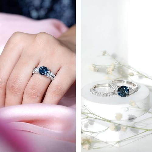 Real London Blue Topaz Engagement Ring With Wedding Band, AAA Quality, 8 mm Round Topaz Moissanite Bridal Ring Set2