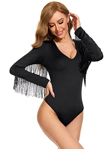 Women's Fringe Trim V Neck Long Sleeve Bodysuit Top Cowgirl Outfits Disco Outfit Bodycon Leotard Fitted Stretchy Top Black Medium