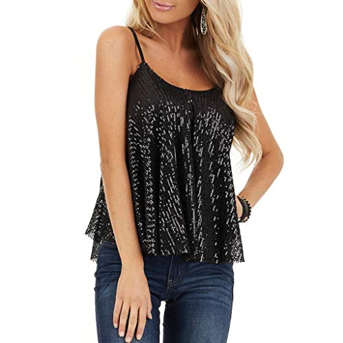 Womens Sequin Top Camisole Sleeveless Vest Glitter Shining Spaghetti Strap Club Tank Top Black