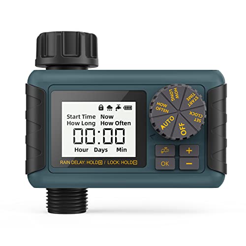 Bewässerungscomputer, Diivoo Automatik System mit 3 Bewässerungsprogrammen, Garten Sprinkler Timer IPX5 wasserdicht, Schlauchhahn Timer mit Regenverzögerung/Kindersperre/Auto&Manueller Modus für Rasen Cover