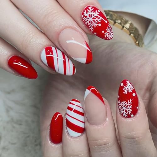 Christmas Press on Nails Almond Fake Nails 24Pcs Red False Nail with Snowflake French Tip Designs Acrylic Nail Press ons Artificial Nail Stick on Nails for Women