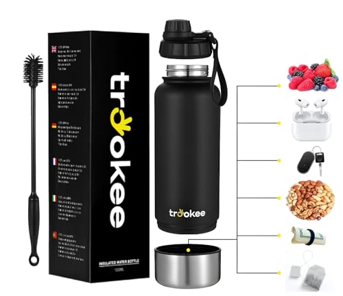 trookee®   Botella Agua Acero Inoxidable 1 Litro, Doble Capa y Base Extraíble, Sin BPA   Botella Termica, Garrafa Agua, 12h. Caliente y 24h. Fría   Termo Cafe   Botella Gimnasio, Oficina, Mascotas