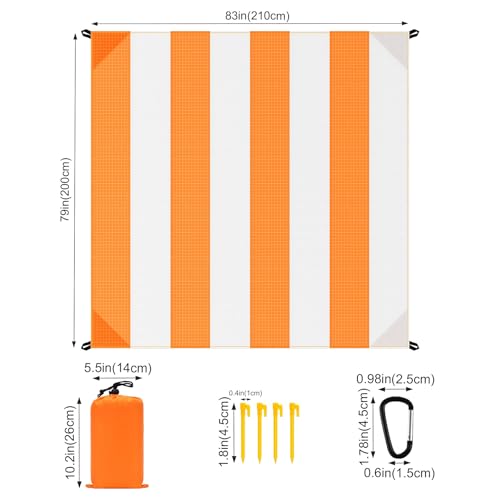 BREENHILL Beach Blanket Sandproof Waterproof, Large Beach Mat Lightweight Portable Quick Drying for Picnic Camping Hiking Travel Beach Accessories (1, Orangewhite, 83x79 Inches) - Thumbnail 2